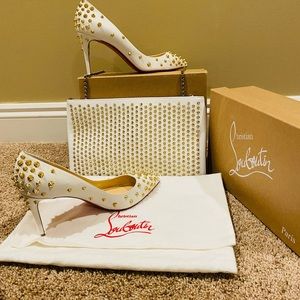 Christian Louboutin Aimantaclou 85mm White Snow/Gold spike pump.